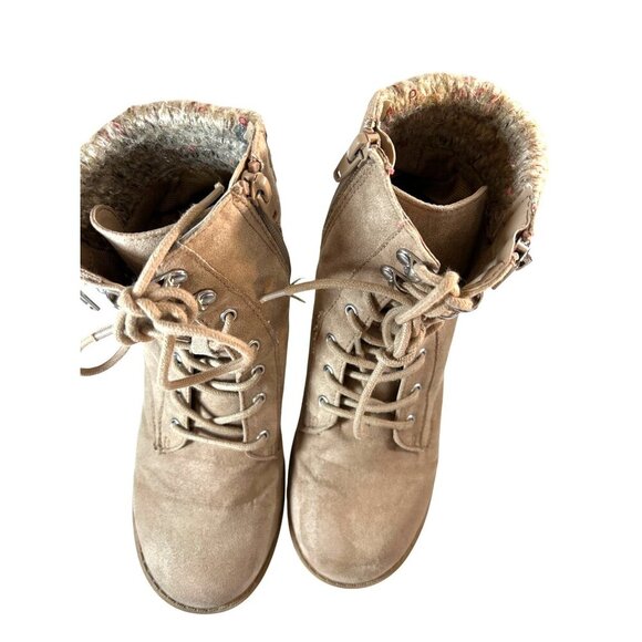 Sugor Girls Combat Boots Tie/Zip Tan Suede Look Size 3 - Picture 2 of 9